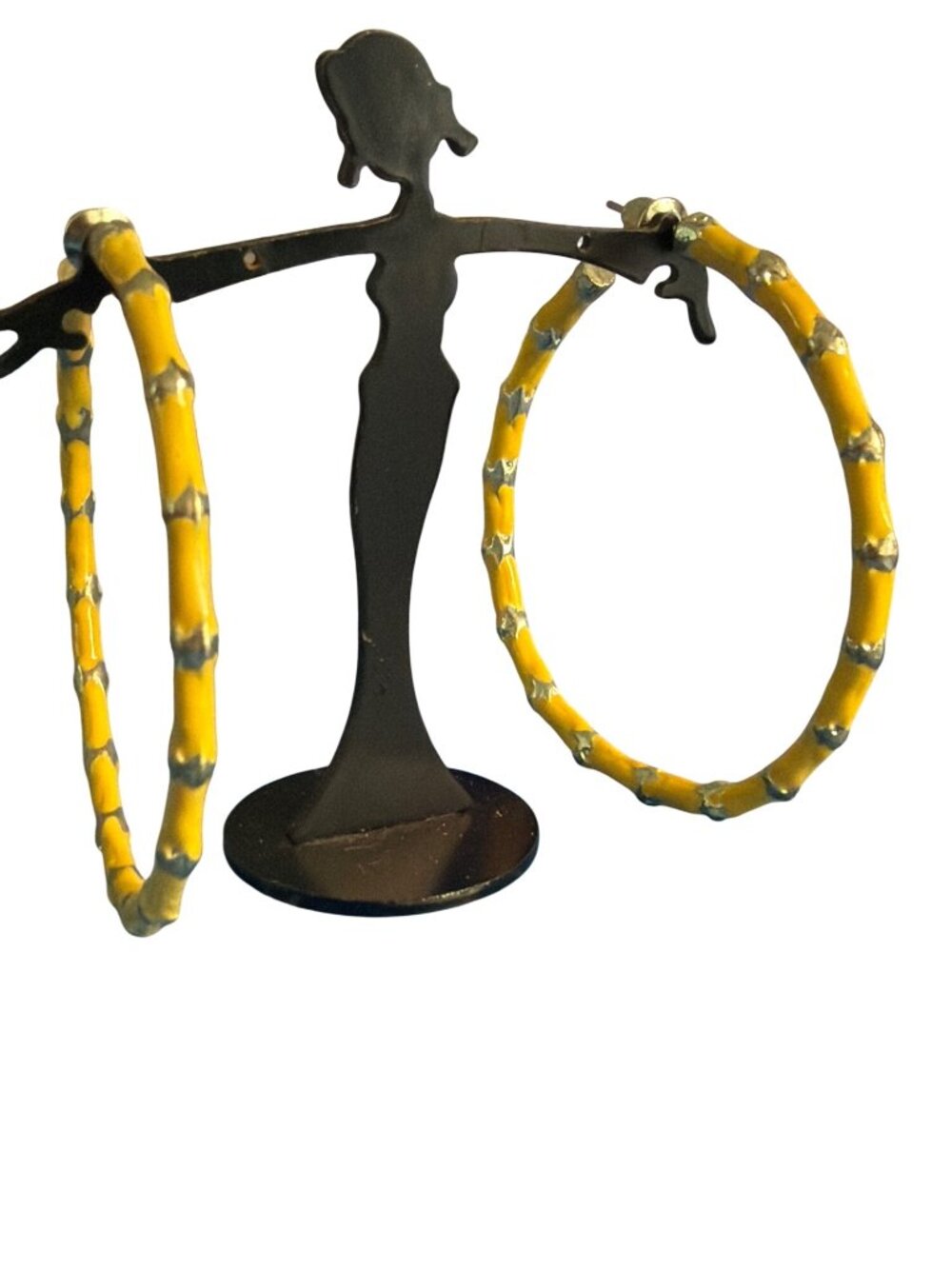 Silver Tone Yellow Enamel Hoop Earrings Bamboo Design 2" Pierced 15.15g